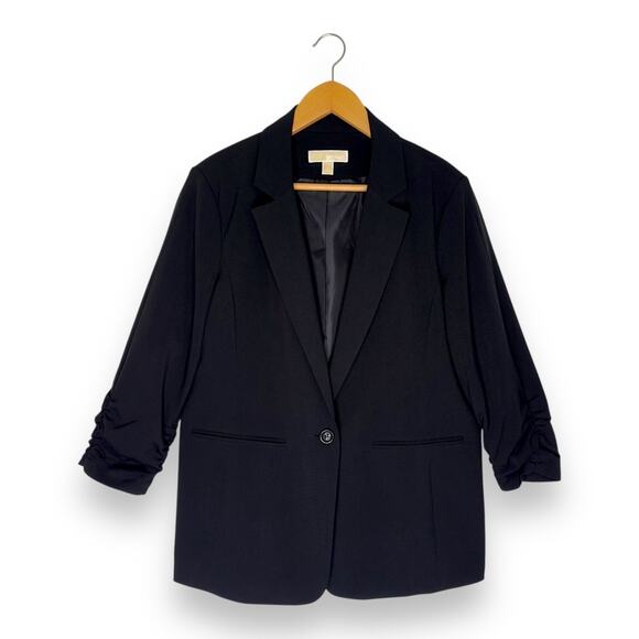 MICHAEL Michael Kors Women's Ruched Sleeve One Button Blazer 16 Black Plus Size - Picture 2 of 10